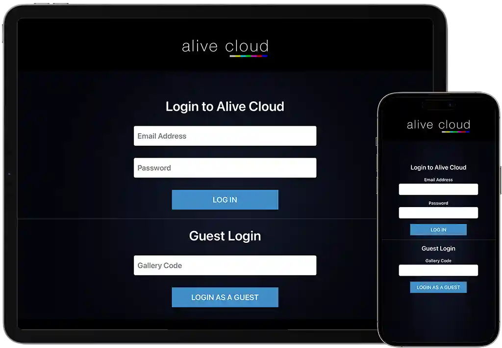 Alive Cloud running on iPad and iPhone - login screen