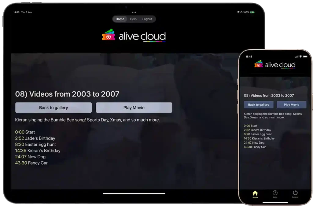 Alive Cloud running on iPad and iPhone - chapters screen
