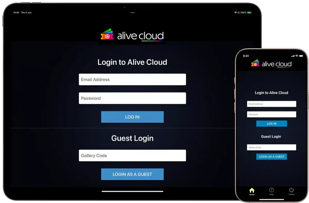 Alive Cloud running on iPad and iPhone - login screen